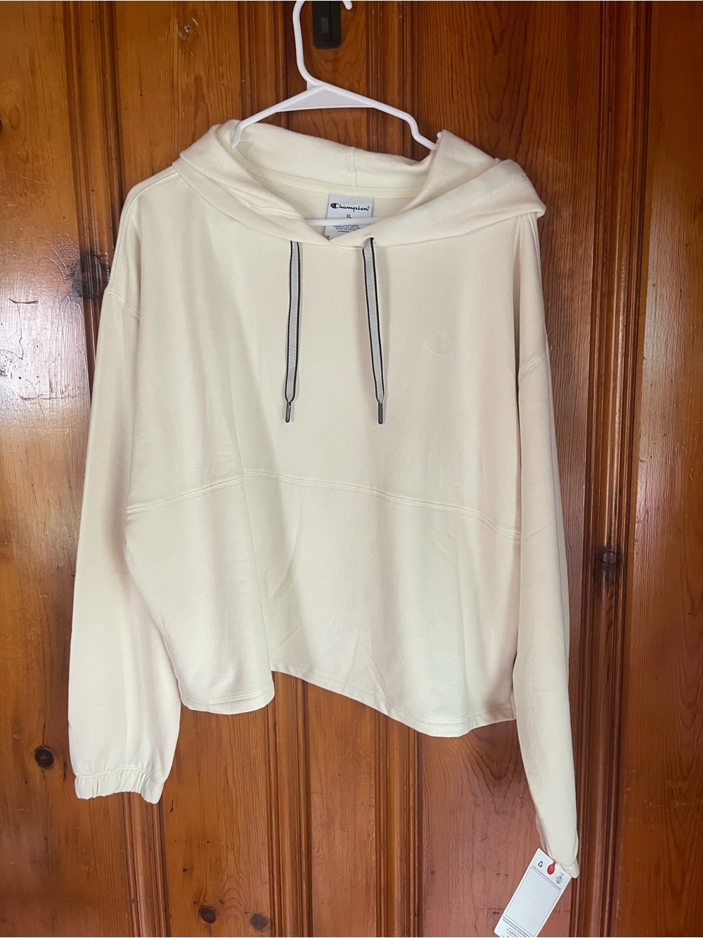 Champion Women's Cream Cropped Hoodie with Contrast Drawstrings